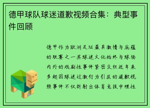 德甲球队球迷道歉视频合集：典型事件回顾
